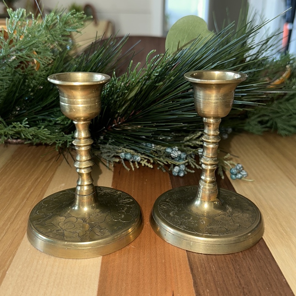 Pair of Vintage Etched Candlestick Holders